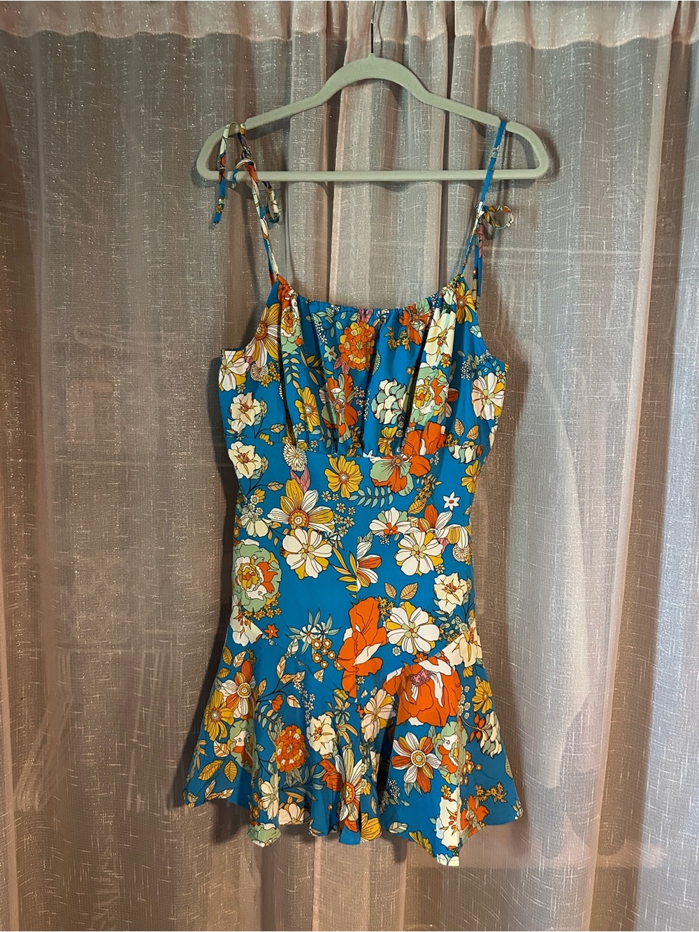 Floral Tie-Shoulder Jumpsuit Romper in Teal with Orange & White Flowers